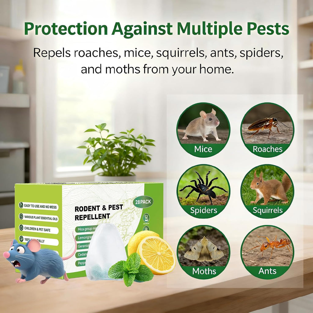 Pest Rodent Repellent, 28 Pack Natural Peppermint Oil Packs Keep Mice, Rats, Spiders, Roaches, Ants, Bugs, and