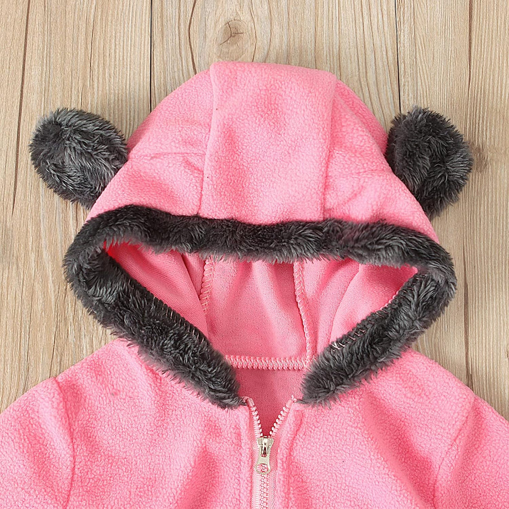 Newborn Baby Boy Girl Fleece Footed Jumpsuit Bear Ears Hooded Romper Zip up Winter Coat Bunting Bodysuit Outerwear