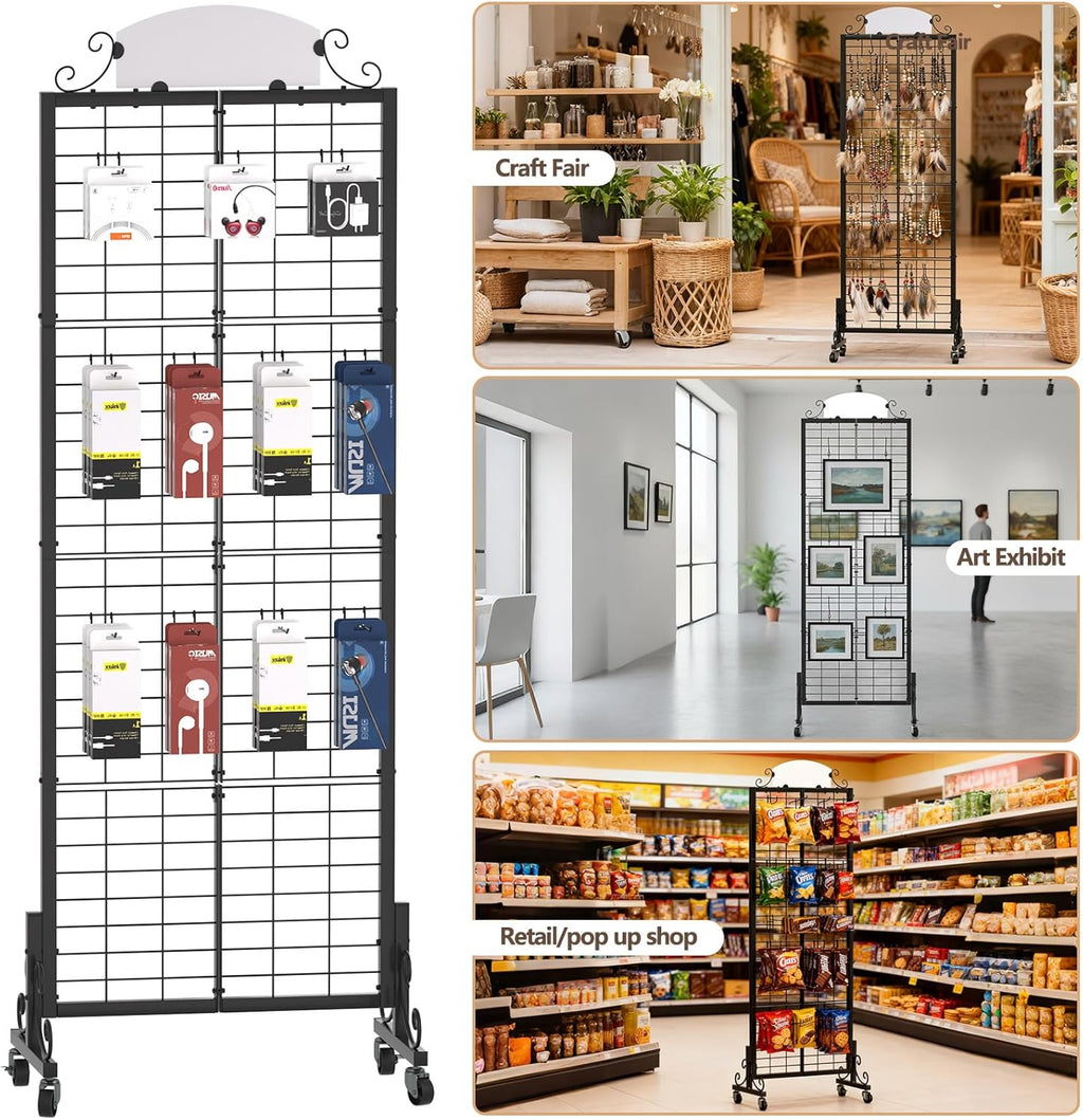 Grid Wall Panel Display Stand, 2.2' x 6.2' FT Gridwall Panel with Extra 8 Hooks, Craft Show Display Rack Black Metal