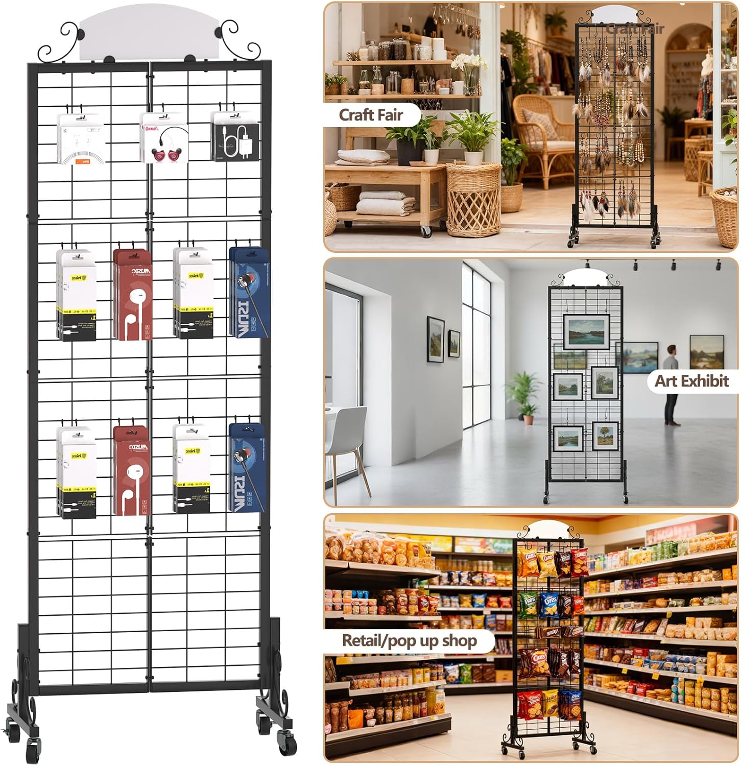 Grid Wall Panel Display Stand, 2.2' x 6.2' FT Gridwall Panel with Extra 8 Hooks, Craft Show Display Rack Black Metal