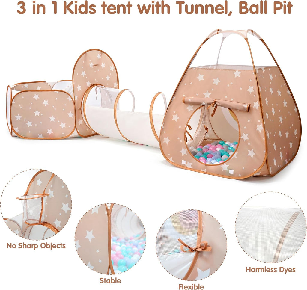 3 in 1 Pop Up Kids Play Tent with Ball Pit Indoor/Outdoor Playhouse | Baby Ball Pit tunnel toys for toddlers 1-3