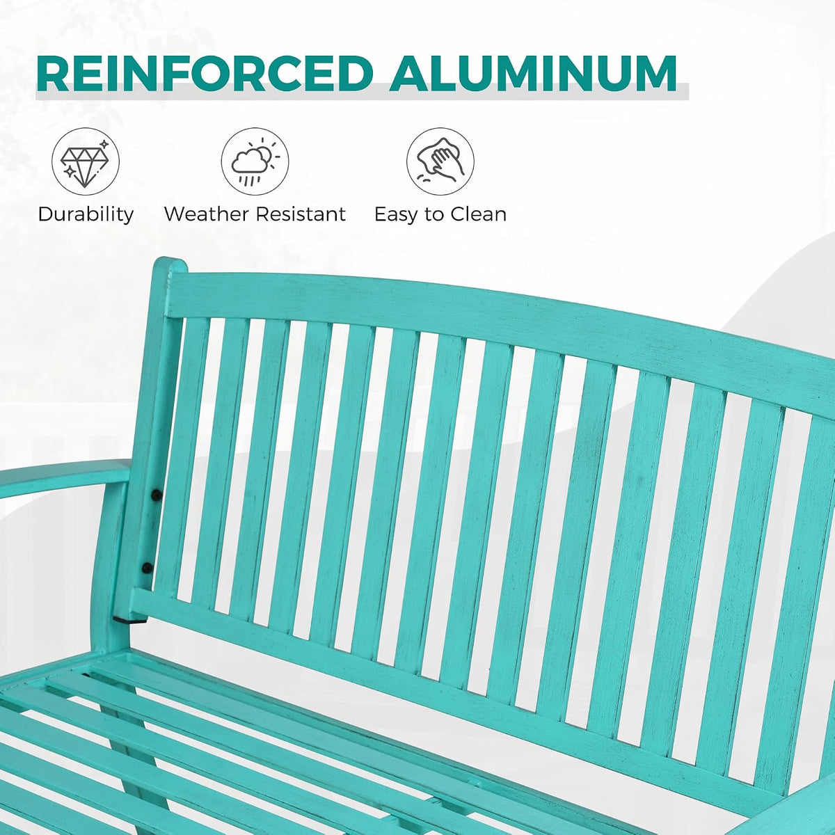 52" Farmhouse Outdoor Bench with Armrest, Turquoise Blue | Anti-rust Aluminum Frame, Faux Wood Grain Finish
