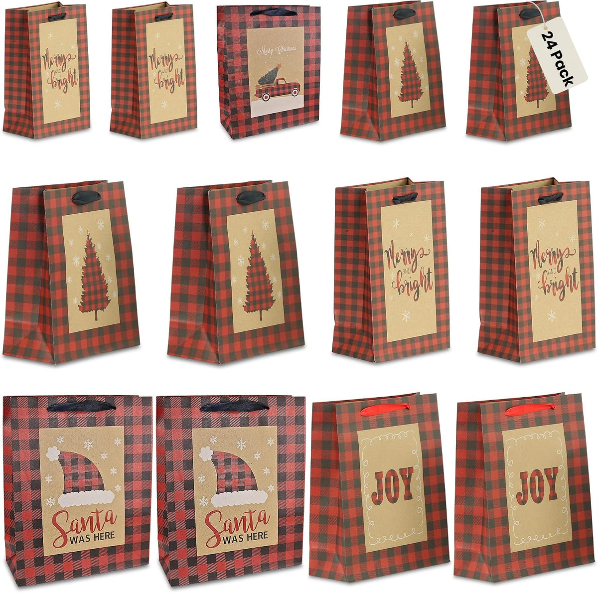 24-Pack Rustic Kraft Buffalo Plaid Christmas Gift Bags 3 Sizes: