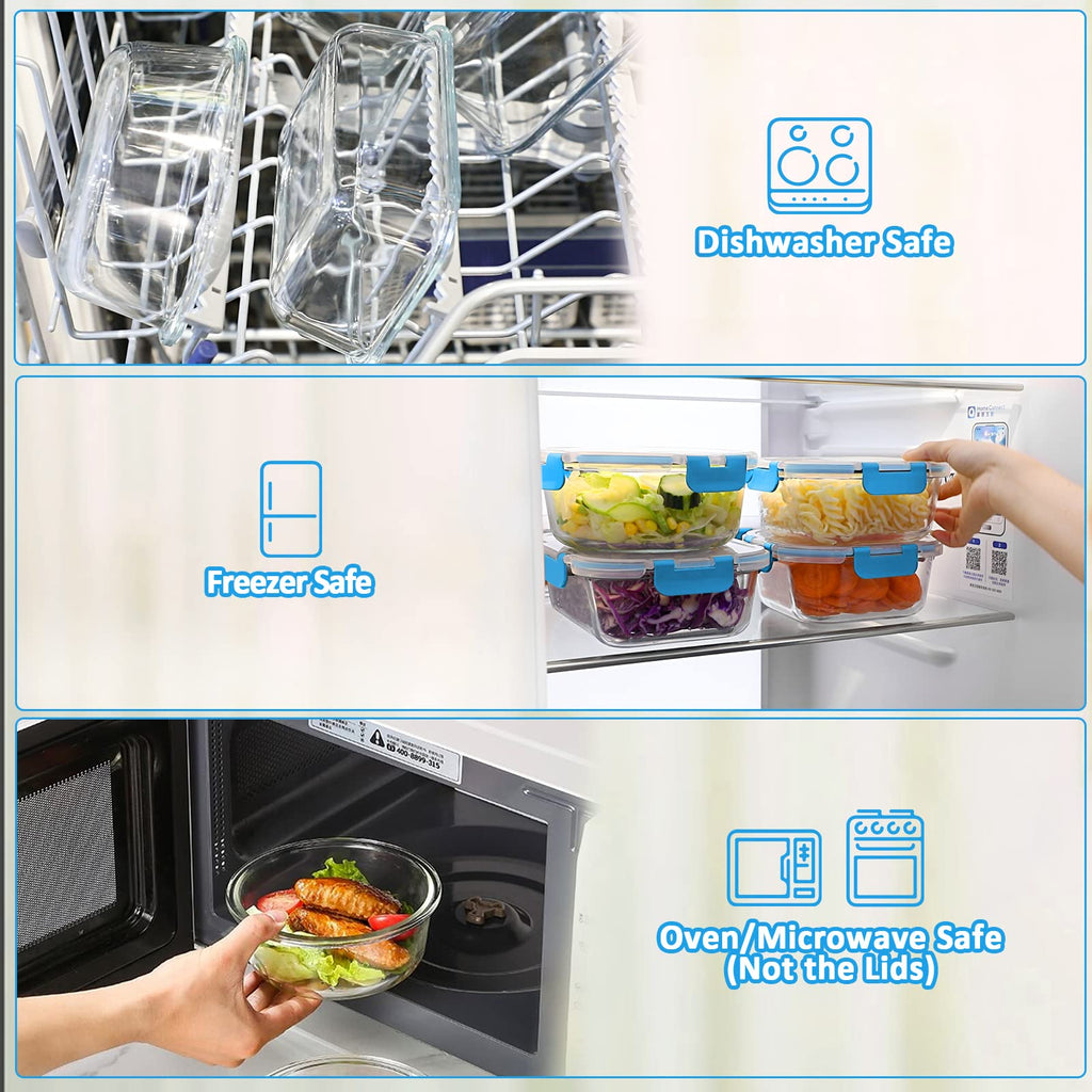 30 Piece Extra Large Glass Food Storage Containers with Lids, Blue