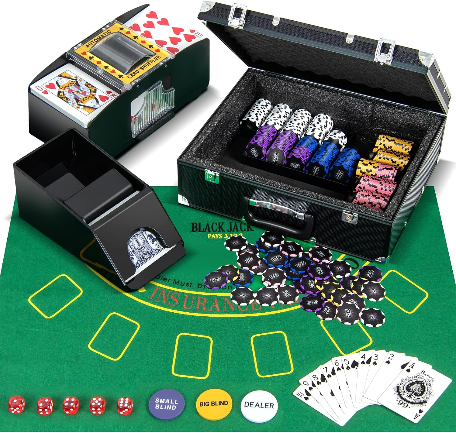 Poker Chip Set, 300 PCS 14 Gram Clay Poker Chips w/Case, Automatic Card Shuffler, 2 Decks Cards, 5 Dices, Card Shoe