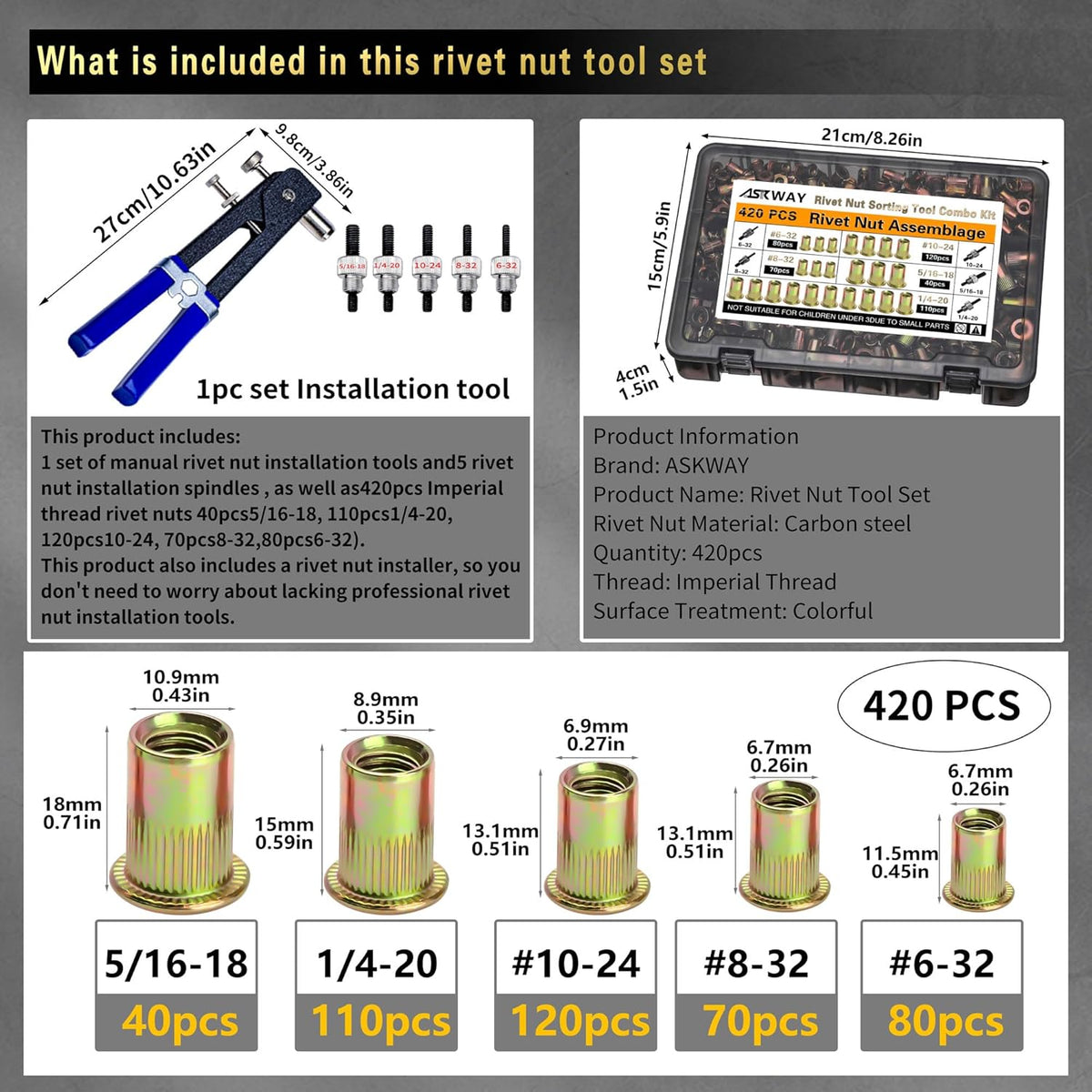 ASKWAY SAE Pressure Rivet Nut Tool Kit 420pcs, SAE Thread Rivet Nuts Kit