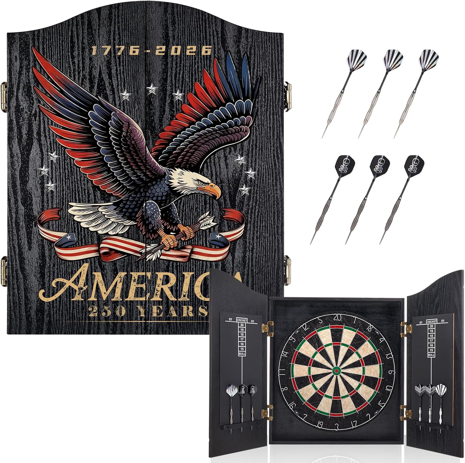 Sisal Dart Board Cabinet Sets, US250 Dartboard with Scoreboard for Adults | USA 250th Anniversary Patriotic Gift