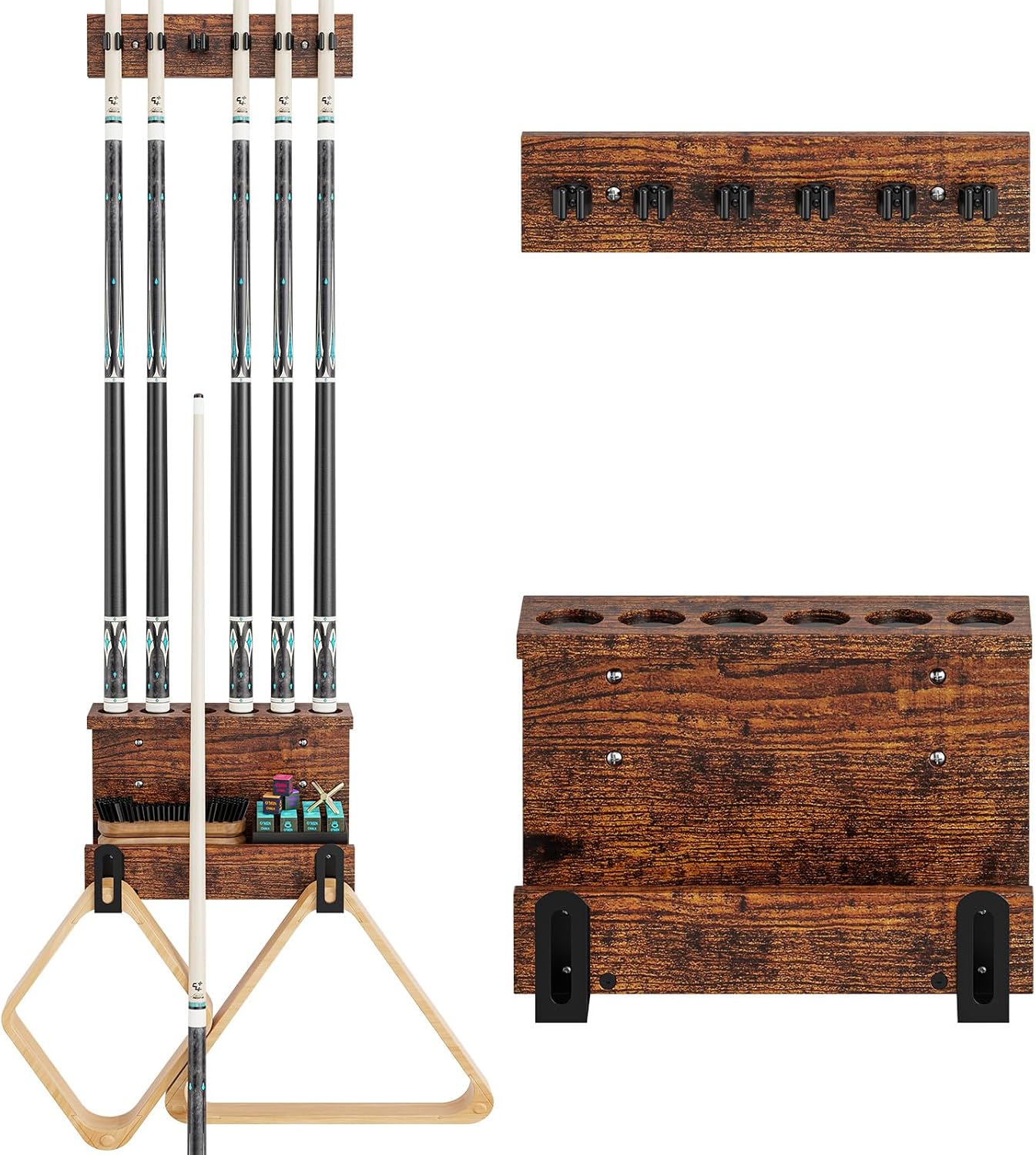 Wall Mount Pool Cue Holder – Hardwood Billiards Cue Rack for 6 Sticks, Pool Stick Wall Mount Storage Organizer, Pool