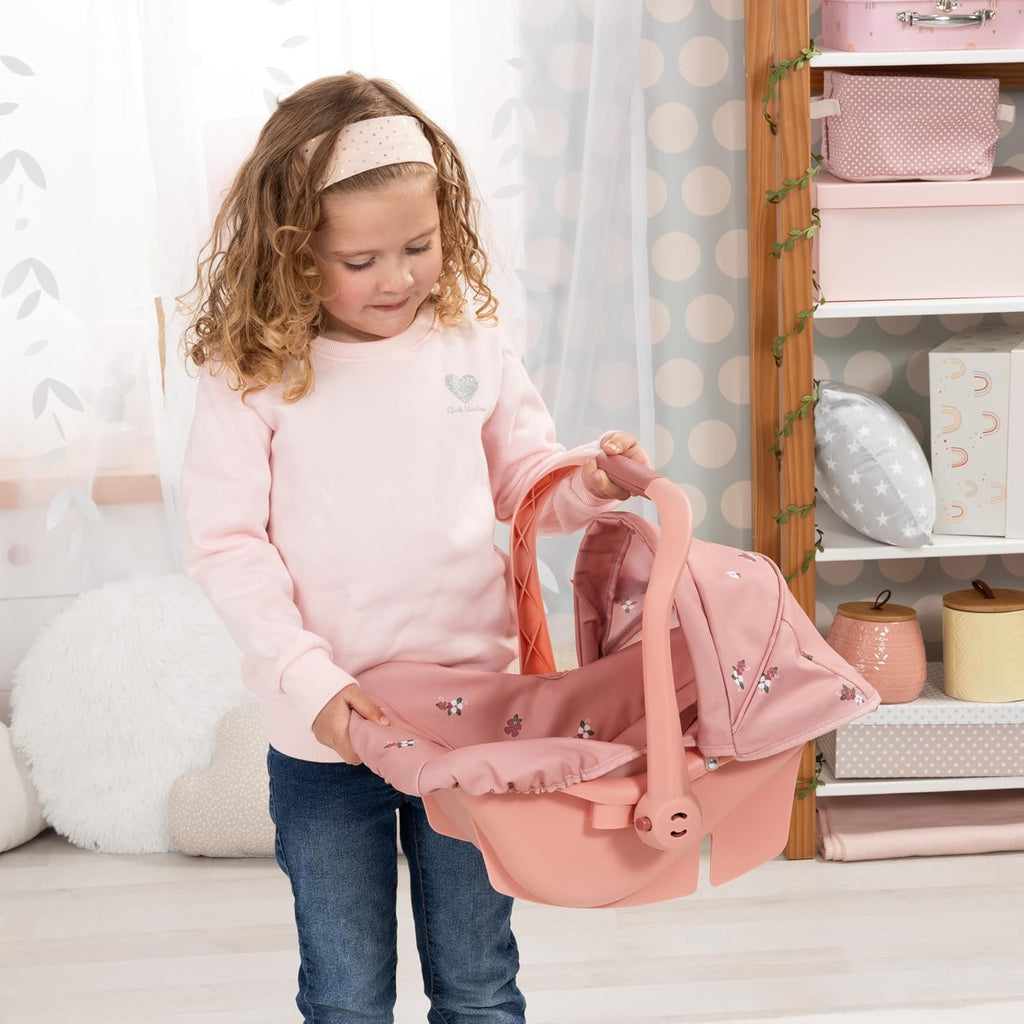 Design: Doll Deluxe Car Seat - Coral Pink Floral - Portable Travel Carrier for Dolls Up to 18", Sunshade & Carry