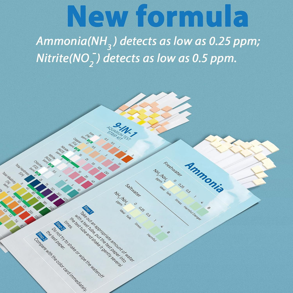 10-in-1 Ammonia Test Kit Aquarium (100 Strips): 50 Multi-Test + 50 Ammonia | Aquarium Test Strips for Freshwater &