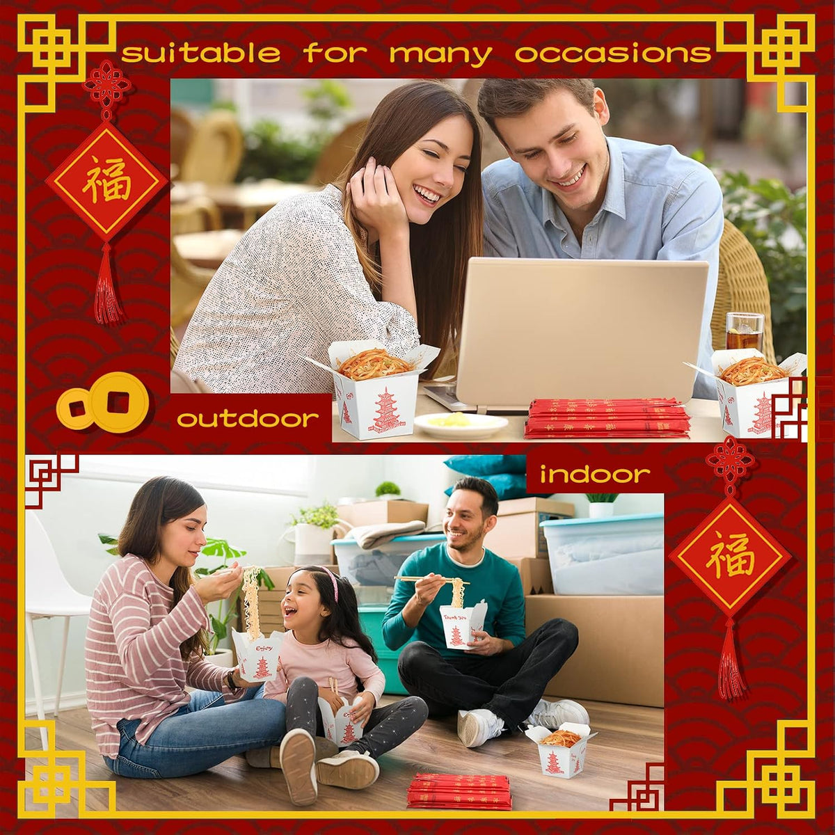 50 Sets 8 oz Chinese Take Out Boxes with Disposable Chopsticks