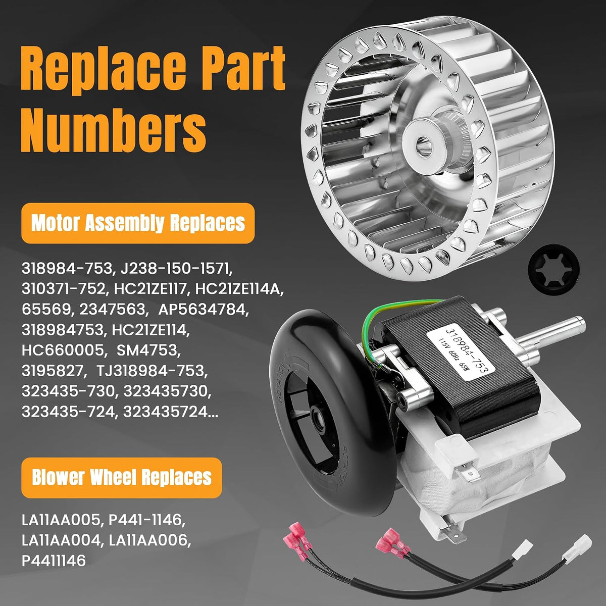 318984-753 Inducer Motor Assembly & LA11AA005 Blower Wheel Compatible with Carr-ier Bry-ant Pay-ne Ja-kel Furnaces, Replaces HC21ZE117 HC21ZE114A LA11AA004, Furnace Draft Inducer Motor By Fetechmate