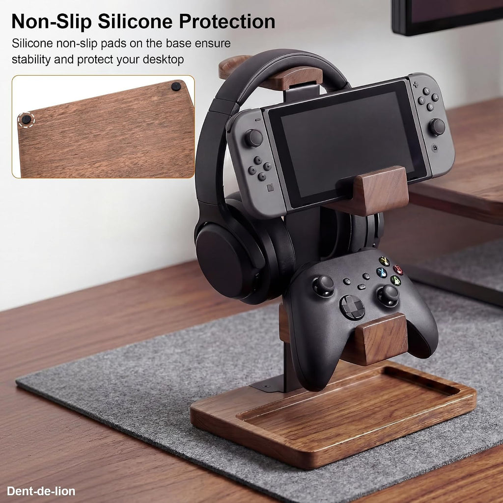 2-in-1 Solid Wood Headset Stand with Dual Game Controller Holder | Gaming Headphone Stand with Storage Base, 6