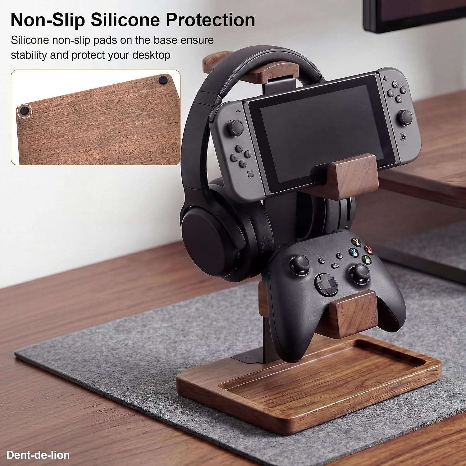 2-in-1 Solid Wood Headset Stand with Dual Game Controller Holder | Gaming Headphone Stand with Storage Base, 6