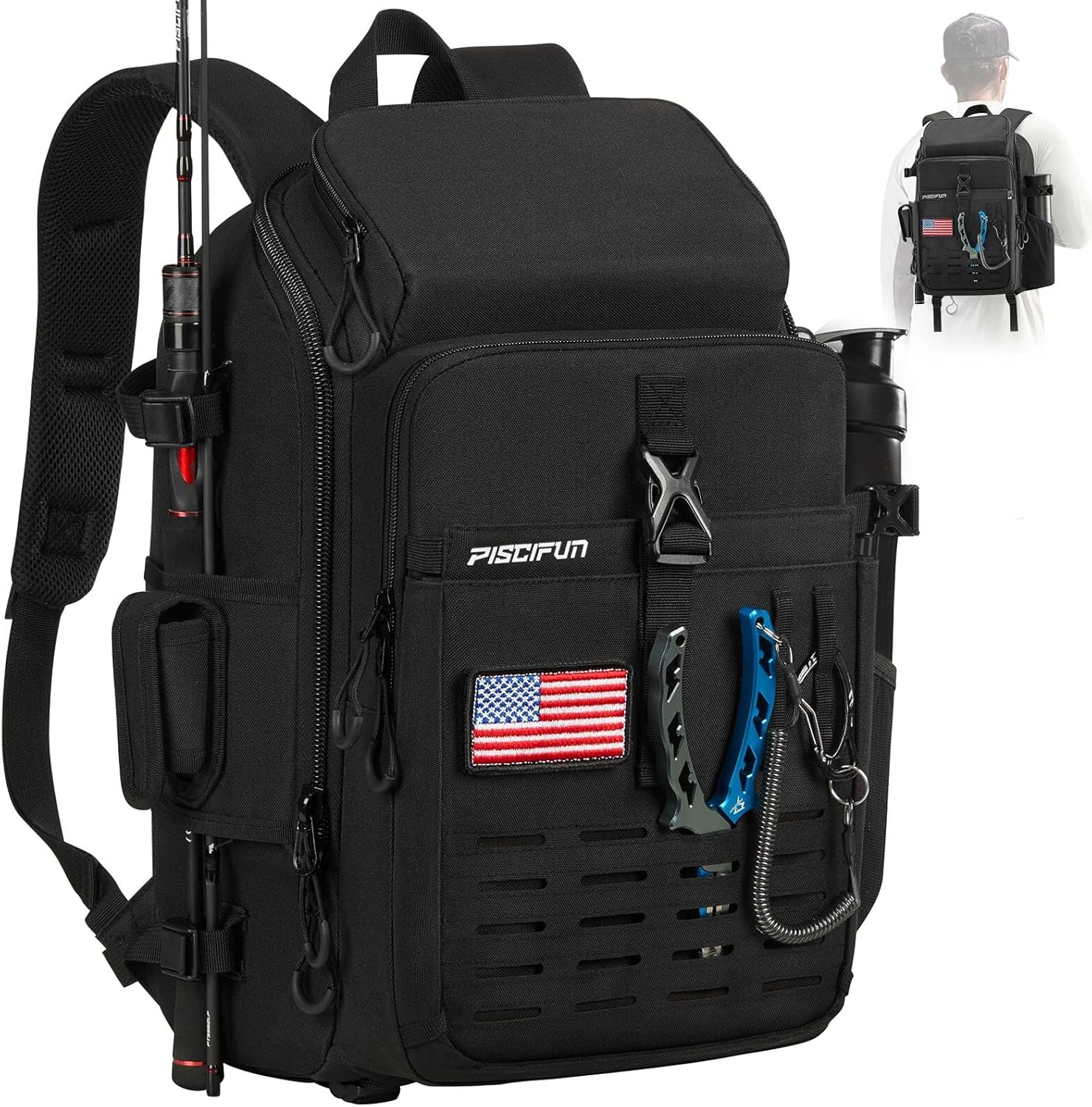 Fishing Tackle Backpack with Rod & Gear Holder, Lightweight Fishing Tackle Storage Bag with Protective Rain Cover