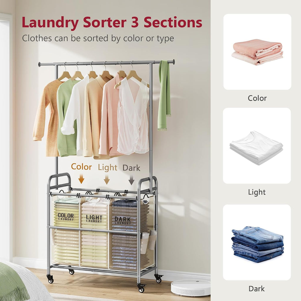 Laundry Hamper with Hanging Rack, Laundry Sorter 3 Section, Beige | 39 Gal Rolling Laundry Cart with Heavy Duty