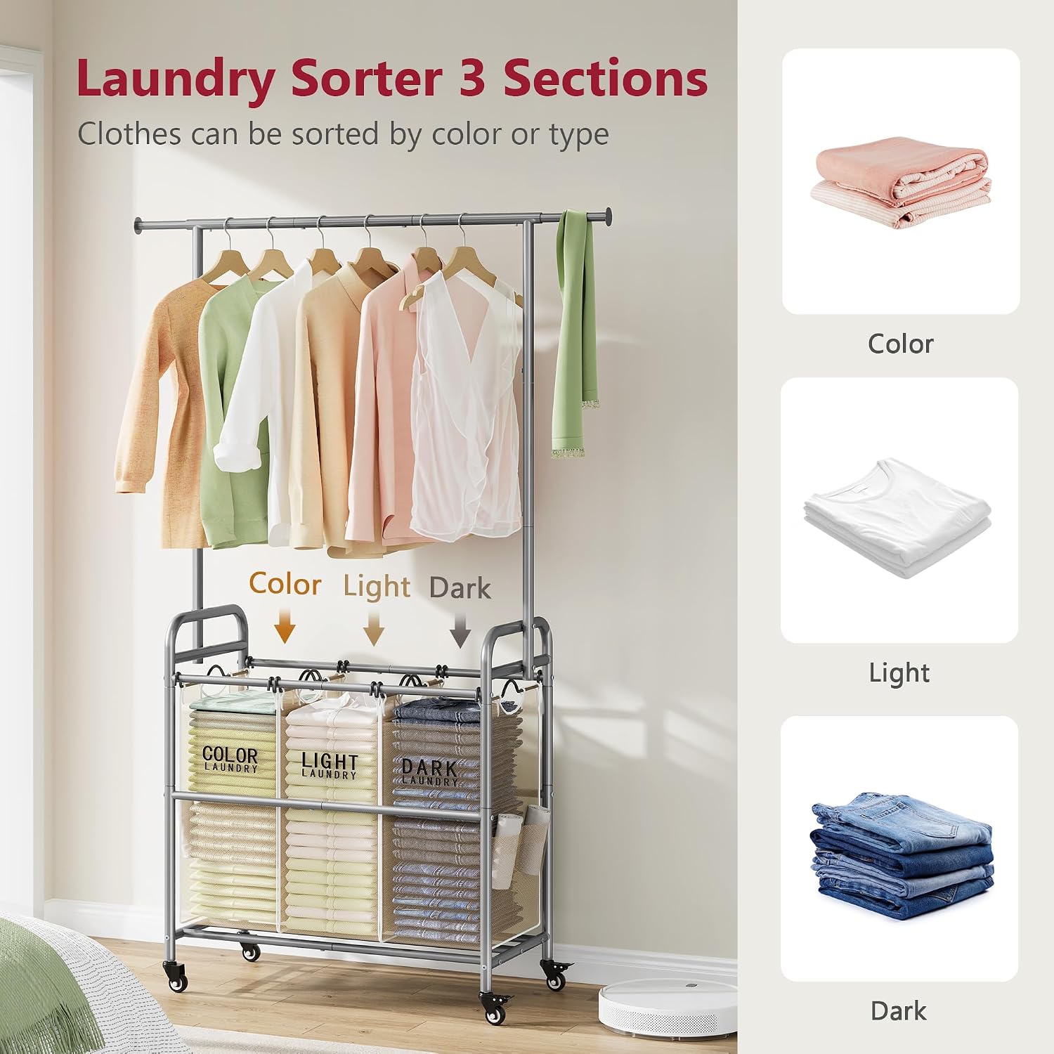 Laundry Hamper with Hanging Rack, Laundry Sorter 3 Section, Beige | 39 Gal Rolling Laundry Cart with Heavy Duty