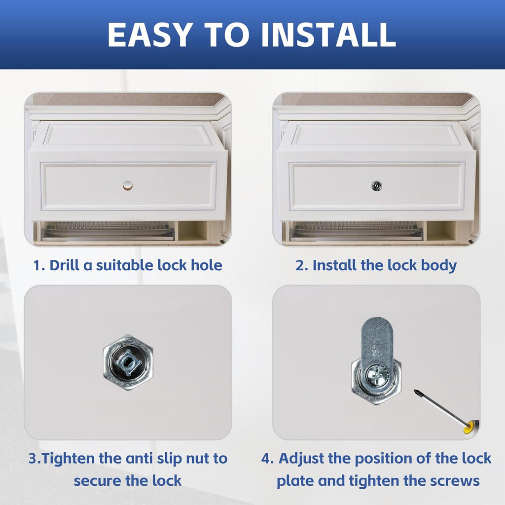 U9945 Stainless Steel Drawer Cabinet Cam Lock with Keys 4 Pack | 1-1/8in lock,max 13/16in panel thickness,RV camper