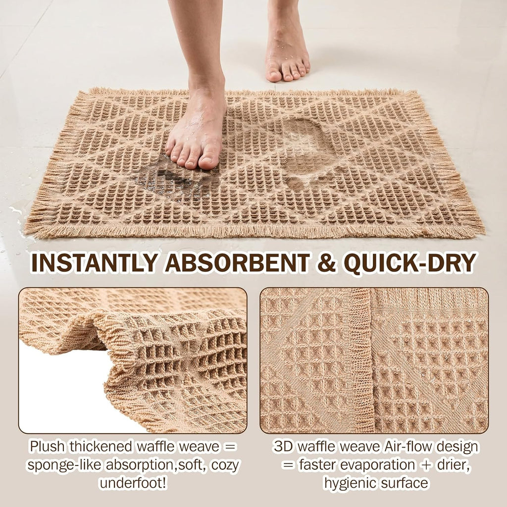 Set of 2 Upgraded Diamond Pattern Waffle Bathroom Rugs, Boho Bath Rugs Rubber Backing Non Slip, Absorbent Machine