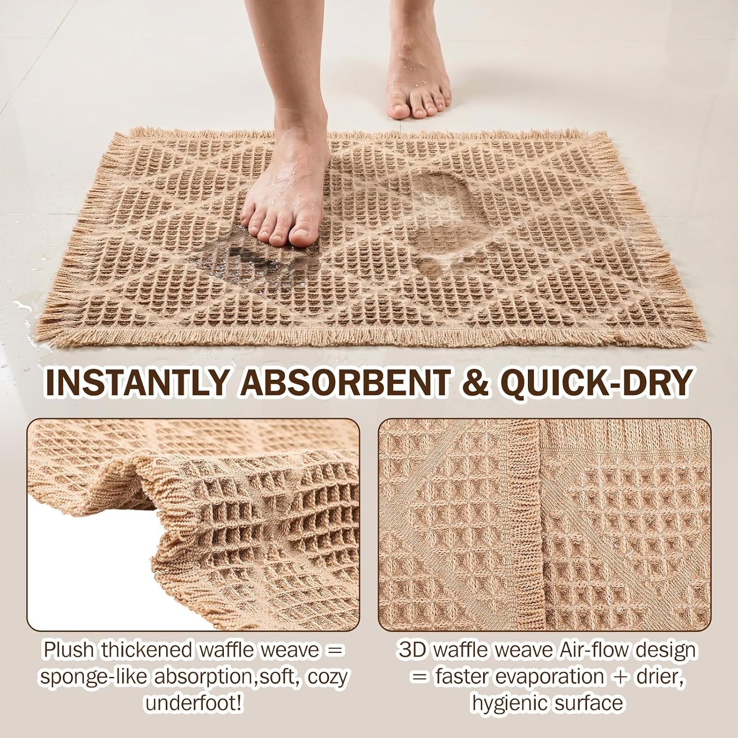 Set of 2 Upgraded Diamond Pattern Waffle Bathroom Rugs, Boho Bath Rugs Rubber Backing Non Slip, Absorbent Machine