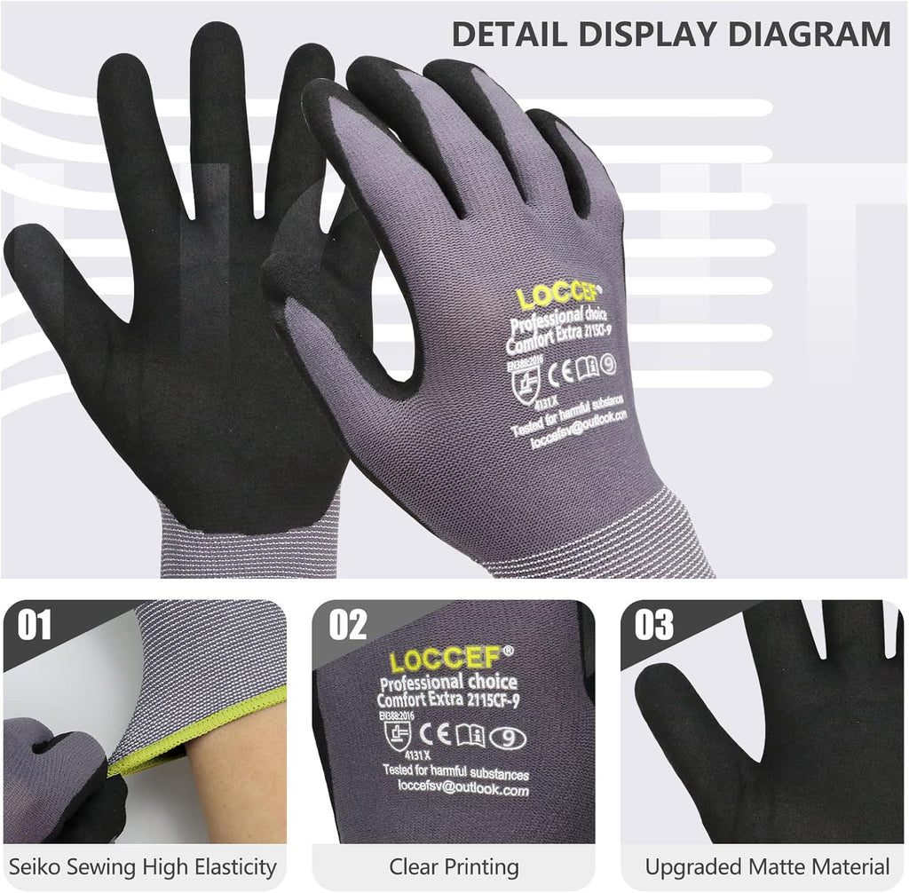 Work Gloves MicroFoam Nitrile Coated-6 Pairs,Seamless Knit Nylon Gloves,Gray Work gloves