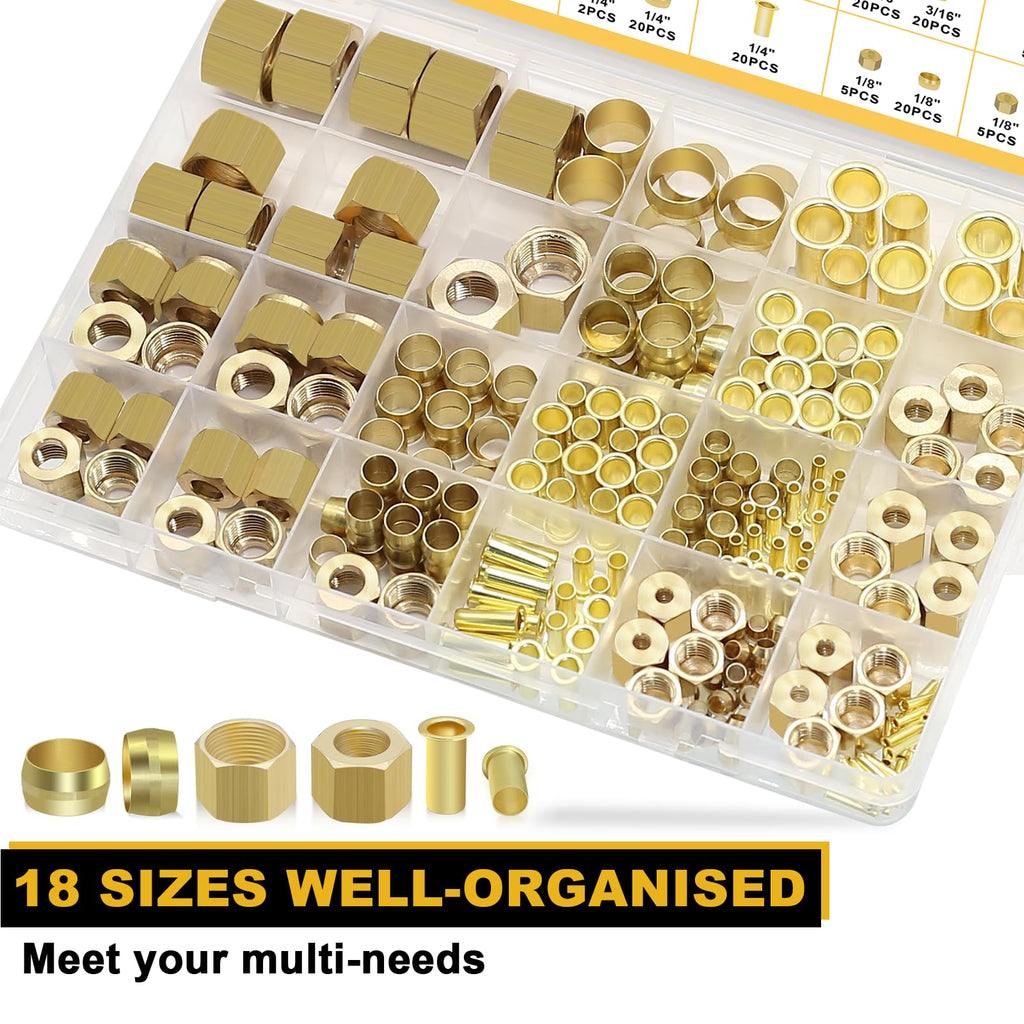 Siptenk 255PCS Brass Compression Sleeves Ferrules Inserts Nuts Fittings