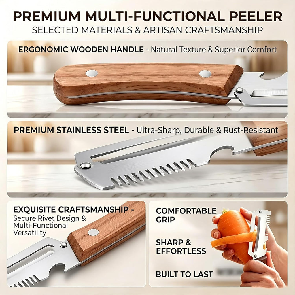 Multi-Functional Vegetable Peeler, 3 in 1 Multi Functional Wooden Handle Peeler and Bottle Opener,Kitchen Gadgets