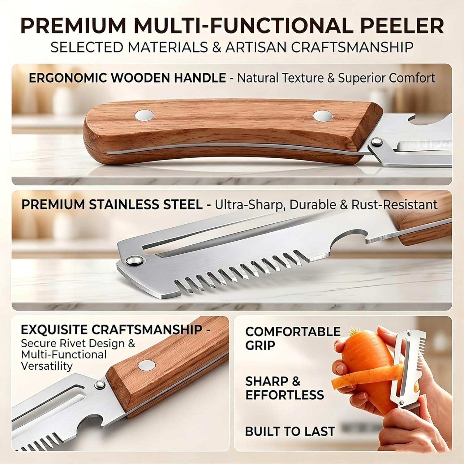 Multi-Functional Vegetable Peeler, 3 in 1 Multi Functional Wooden Handle Peeler and Bottle Opener,Kitchen Gadgets