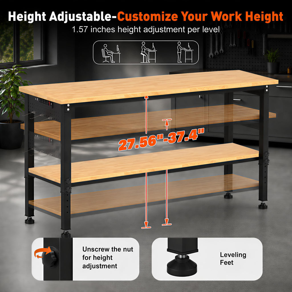 60 Inch 2-Tier Adjustable Workbench, 2600 LBS Heavy Duty Garage Table