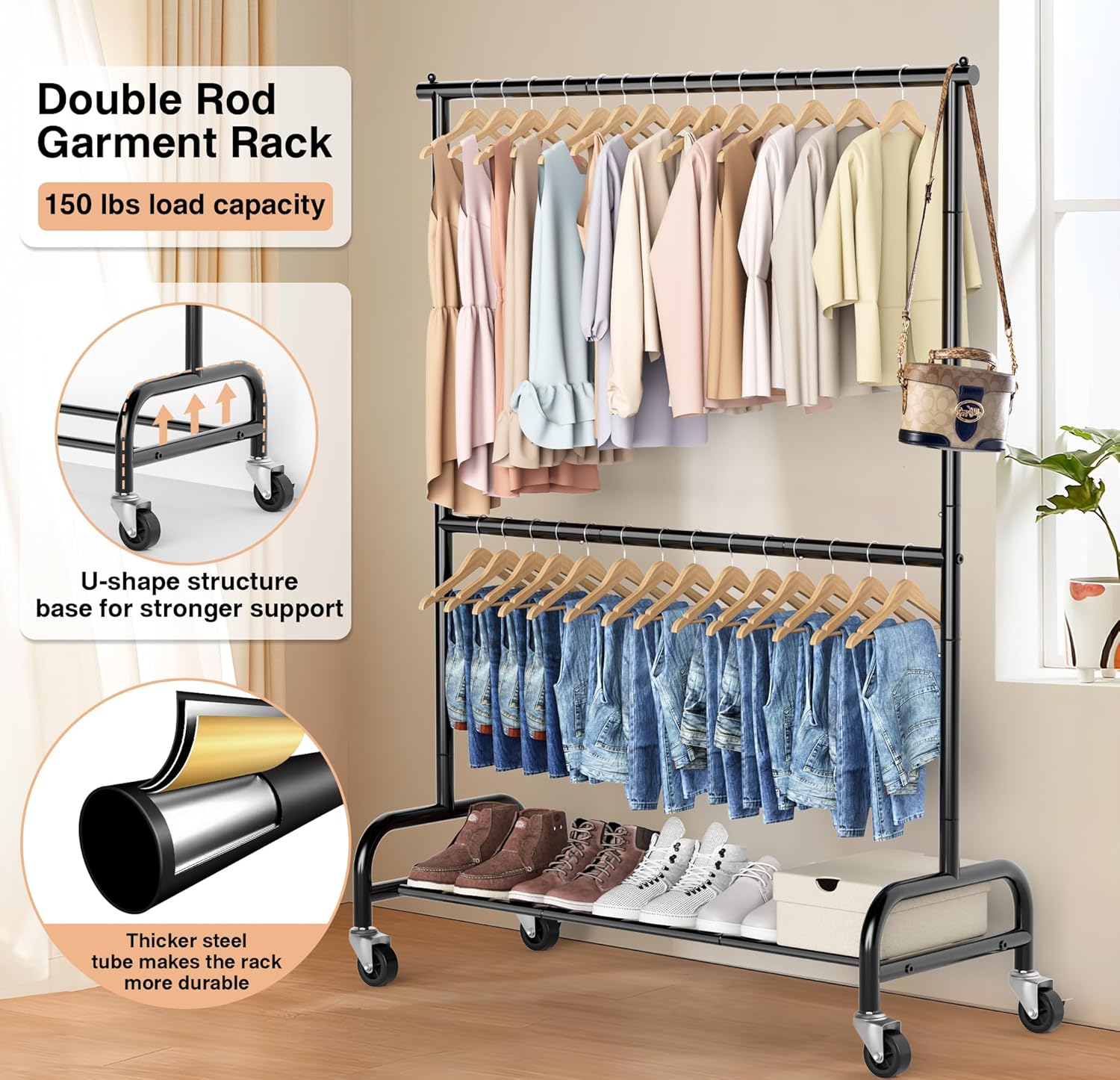 Heavy Duty Clothing Racks for Hanging Clothes Rack Double Rod Garment Rack Rolling Closet Wardrobe Rack on Wheels