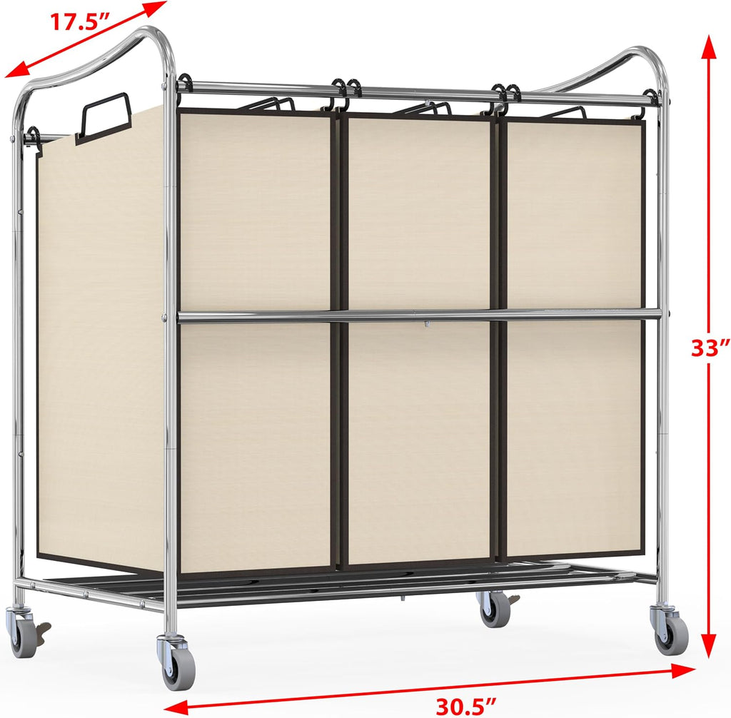 Heavy Duty 3-Bag Laundry Sorter Rolling Cart, Chrome | Removable Bags and Lockable Wheels for Laundry Room Organization