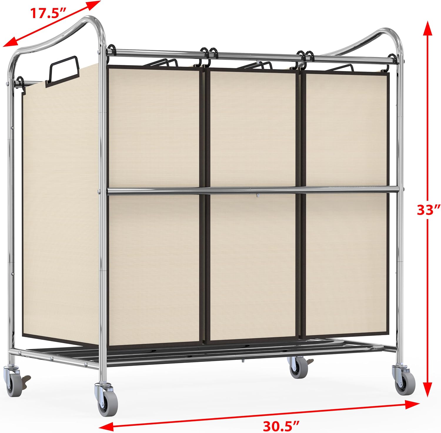 Heavy Duty 3-Bag Laundry Sorter Rolling Cart, Chrome | Removable Bags and Lockable Wheels for Laundry Room Organization
