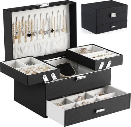 Jewelry Organizer Box, Large Jewelry Boxes for Women Girls, Space-Saving 3 Layers Jewelry Storage Case with Drawer