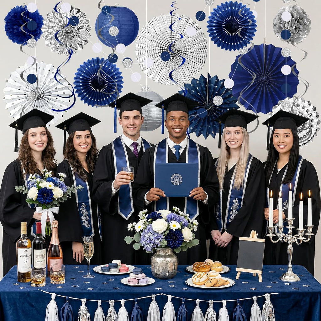 34 Pcs Blue and Silver Party Decorations, Hanging Paper Lanterns Fans Pom Poms Set, Blue Streamers, 2026 Graduation