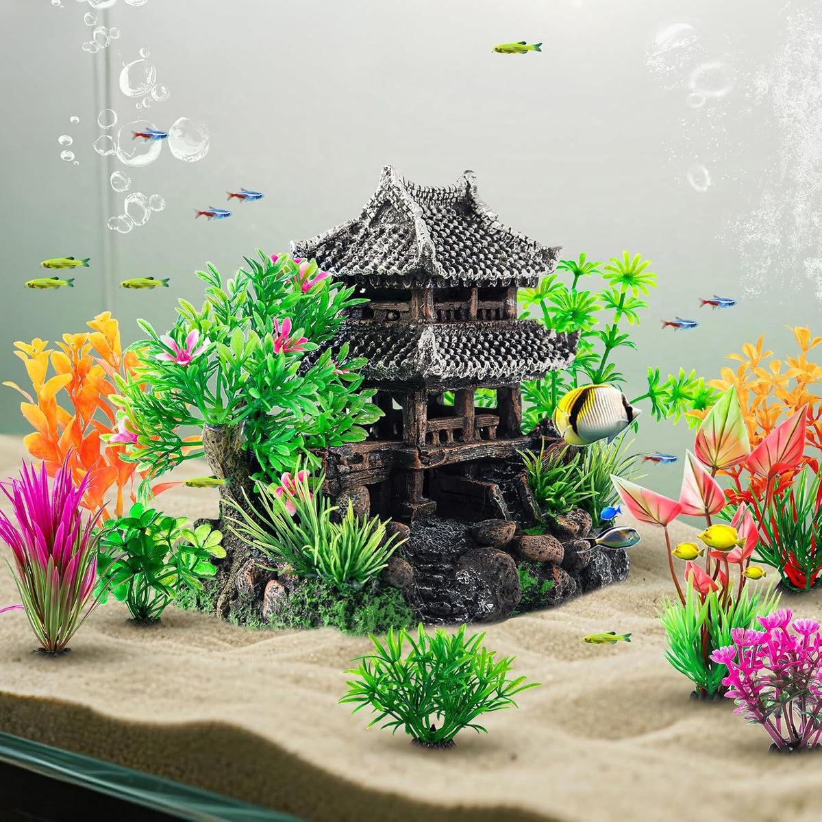 9Pcs Resin Castle Decorations Set，Realistic Fish Tank Castle with Eco-Friendly Design,Fish Tank Decorations Aquarium