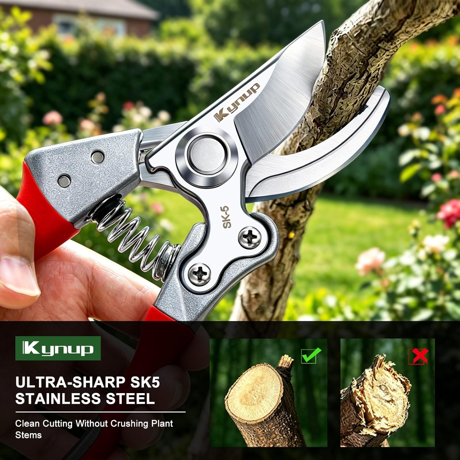 8.6" Professional Pruning Shears for Gardening, SK5 Stainless Steel Garden Hand Pruners for Heavy Duty Clean Cuts 4X