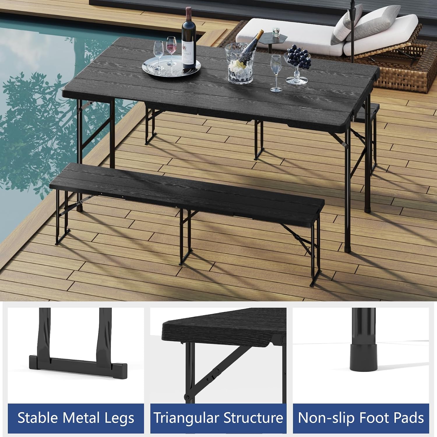 Folding Table with 2 Benches Set, 6FT Picnic Table with 2 Chairs, 3pcs Plastic Camping Tables and Foldable Bench Sets