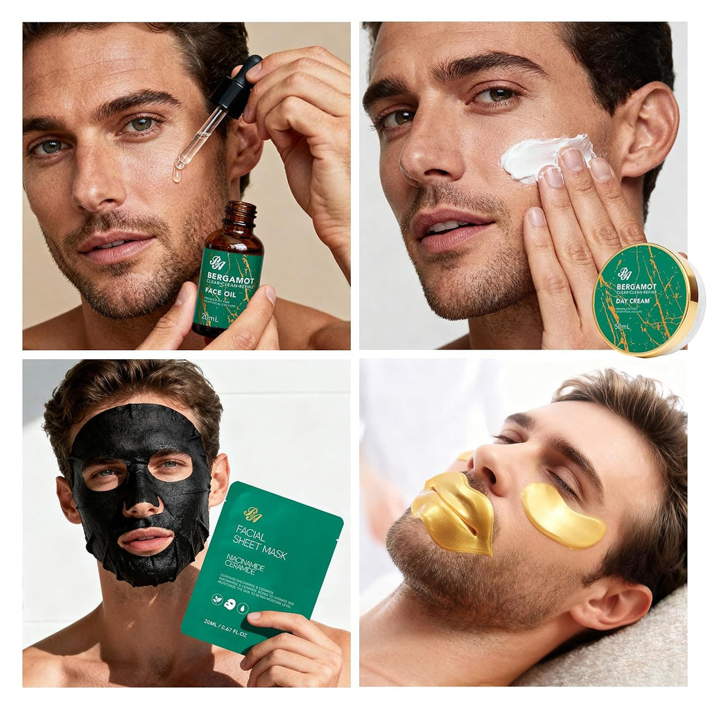 Men Bergamot Facial Skin Care Set, Fathers Day Gift, 21 Pcs Beard Grooming Kit, Bath and Body Gift Basket Set