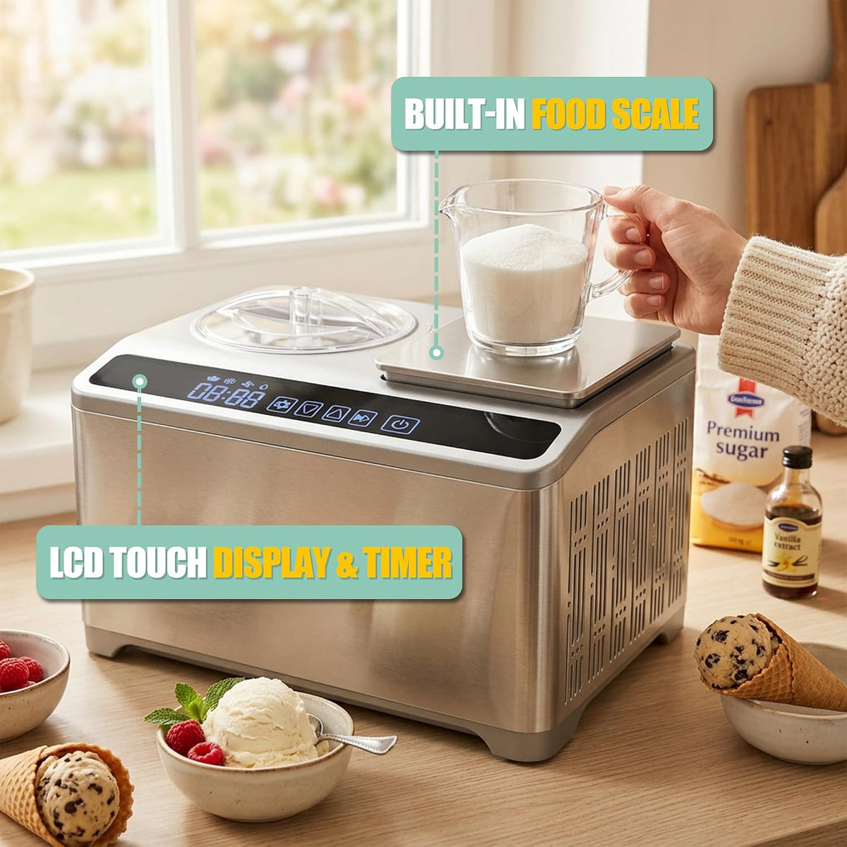 2.1Qt Soft & Hard Ice Cream Maker with Food Scale, No Pre-Freezing