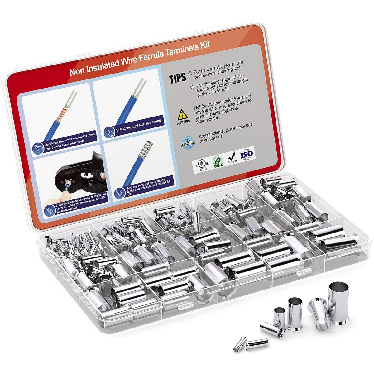 AIRIC 12,10,8,6,4,2,1/0 AWG/Gauge Wire Ferrules Kit 168Pcs Crimp Connectors