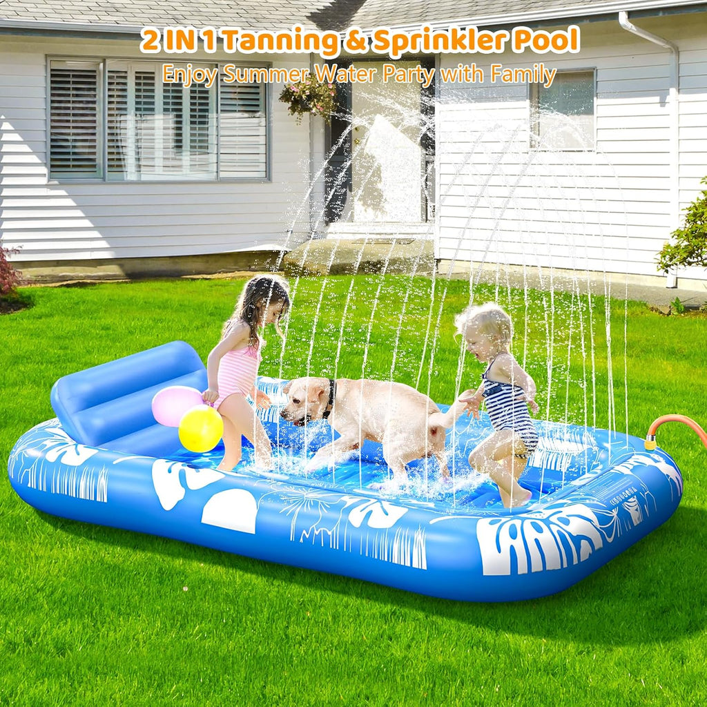 Inflatable Tanning Pool Lounger Float with Sprinkler, 77" x 48" Pool Floats Adult with Pillow, 6 in 1 Suntan Tub Raft