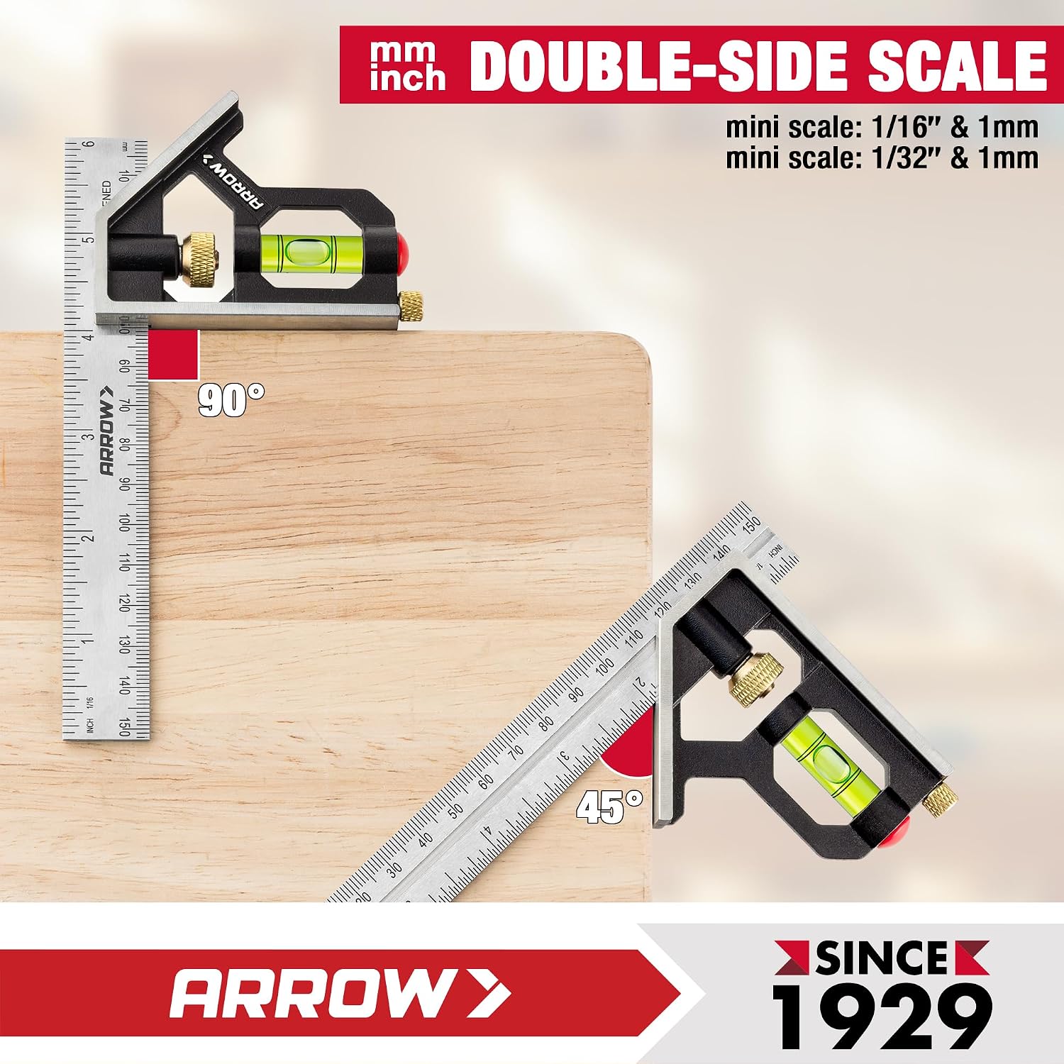 Arrow Combination Square, 6-Inch Combo Square with Bubble Level | Stainless Steel Ruler, Zinc Alloy Body, Carpenter
