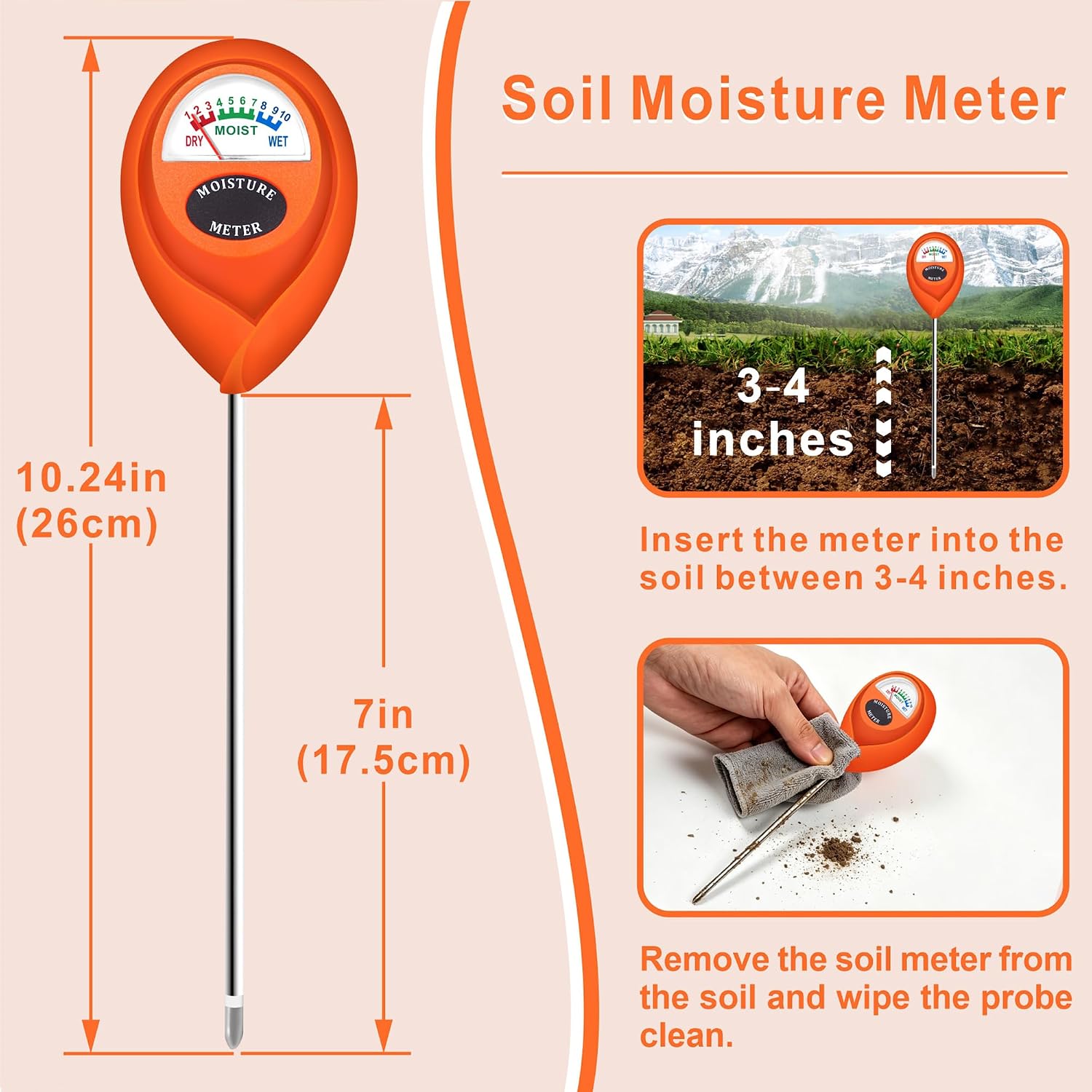 Orange 2 Pack Soil Moisture Meter, Garden Lawn Indoor Outdoor Use | Battery-Free, Clear & Easy-to-Read Display