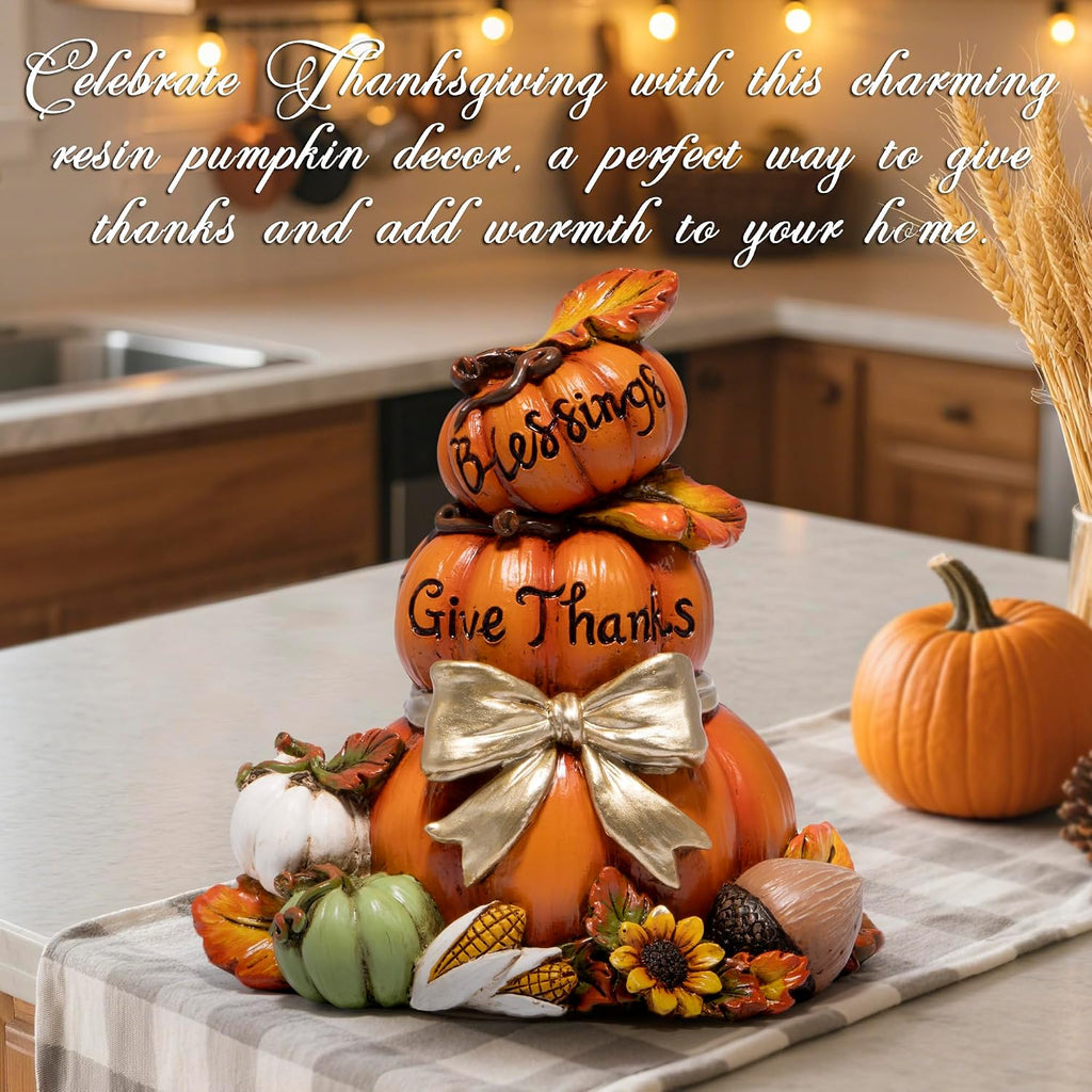 Thanksgiving Pumpkin Decor, Resin Stacked Pumpkin Figurine with Give Thanks Sign, Fall Autumn Harvest Decoration with