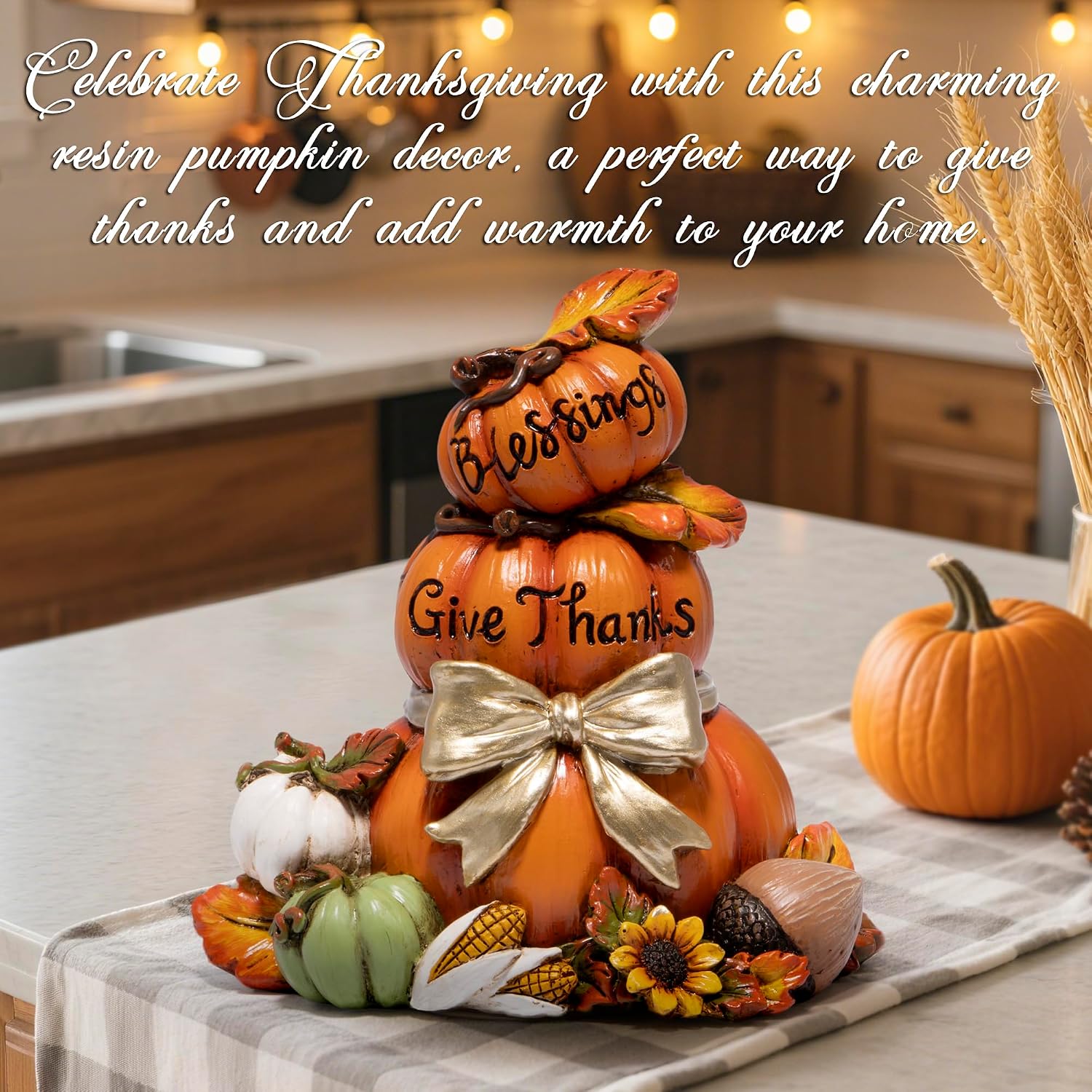Thanksgiving Pumpkin Decor, Resin Stacked Pumpkin Figurine with Give Thanks Sign, Fall Autumn Harvest Decoration with