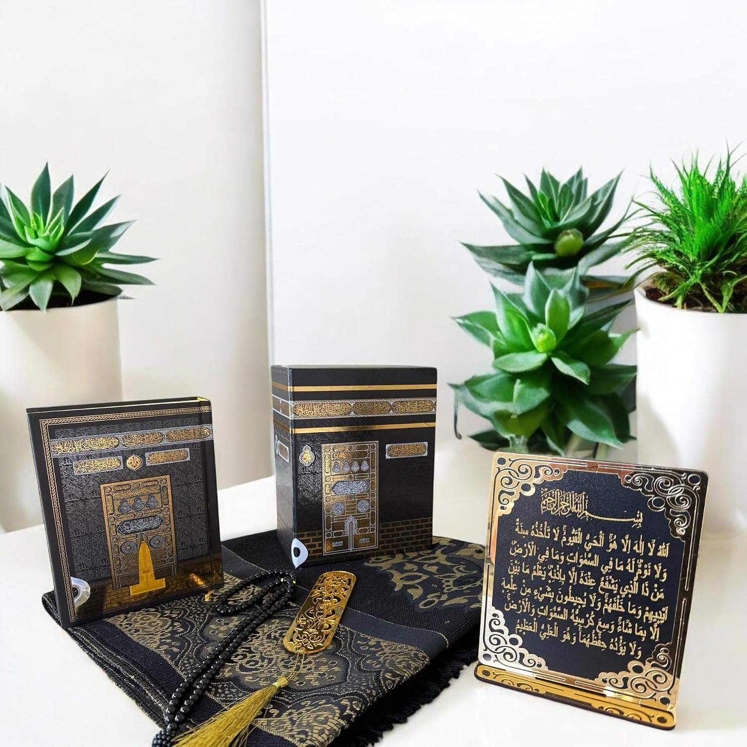 Muslim Prayer Rug, Islamic Gift Set, Velvet Full Arabic Quran, Elegant Kaaba Design Box, Ayat El Kursi Table Top