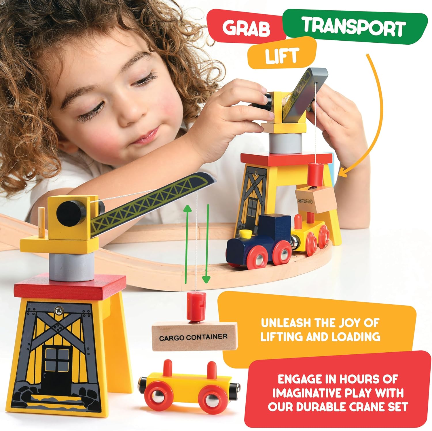 Wooden Train Set Toddler Toys - 38 Pieces Wood Train Track Set for Toddlers 3-4 Years with Crane, Bridge & Accessories