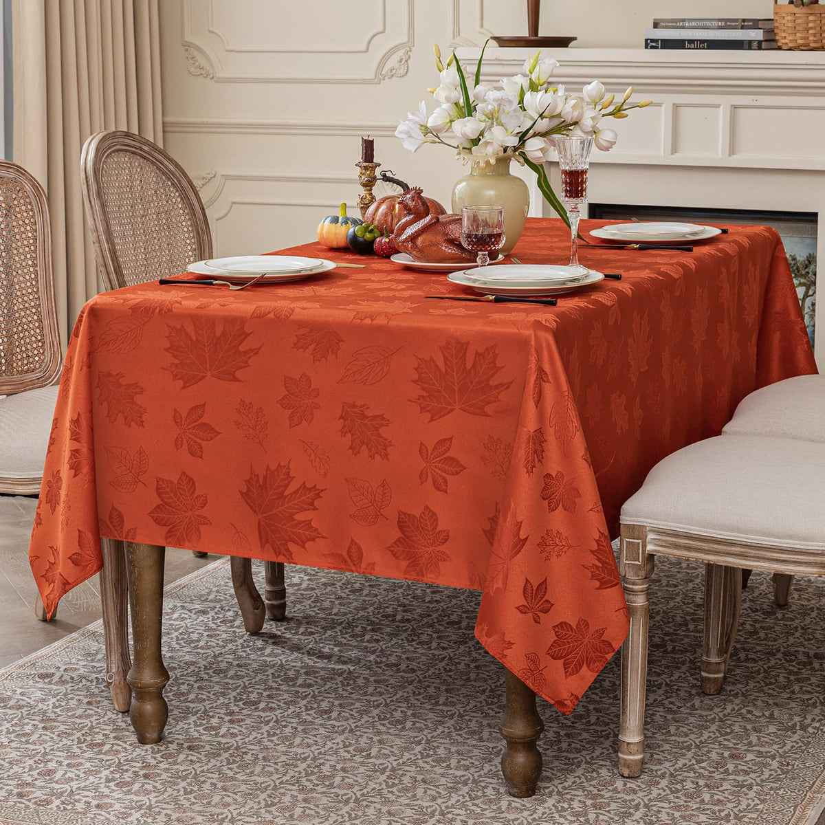 Fall Jacquard Rectangle Tablecloth, 60 x 120 Inch Burnt Orange