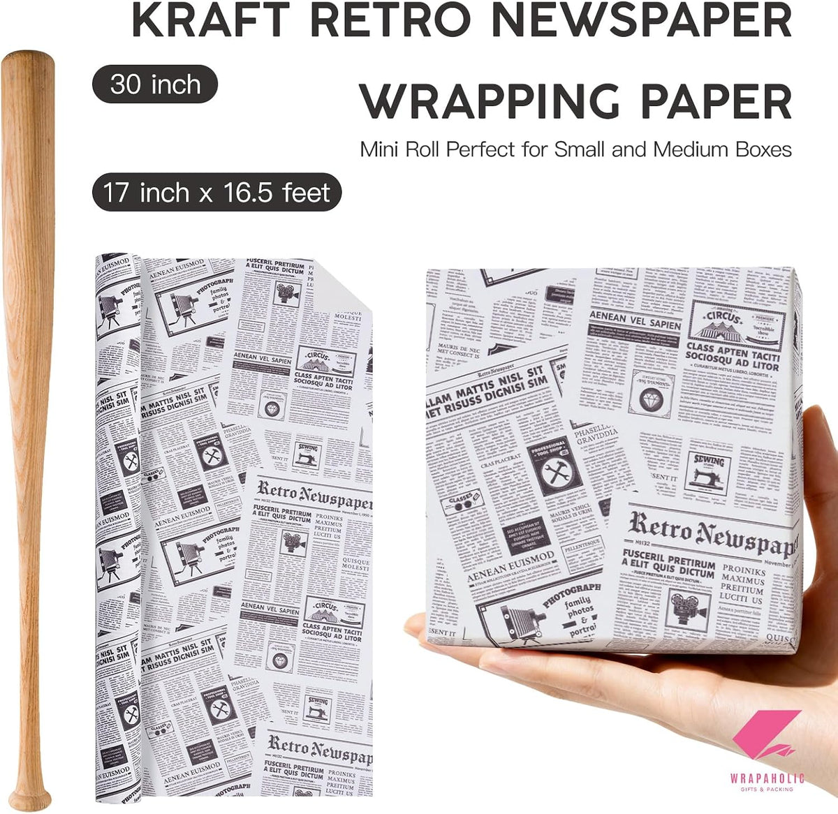 Kraft Retro Newspaper Wrapping Paper Roll - Mini Roll - 17 Inch x 16.5 Feet - Vintage Black and White Newspaper