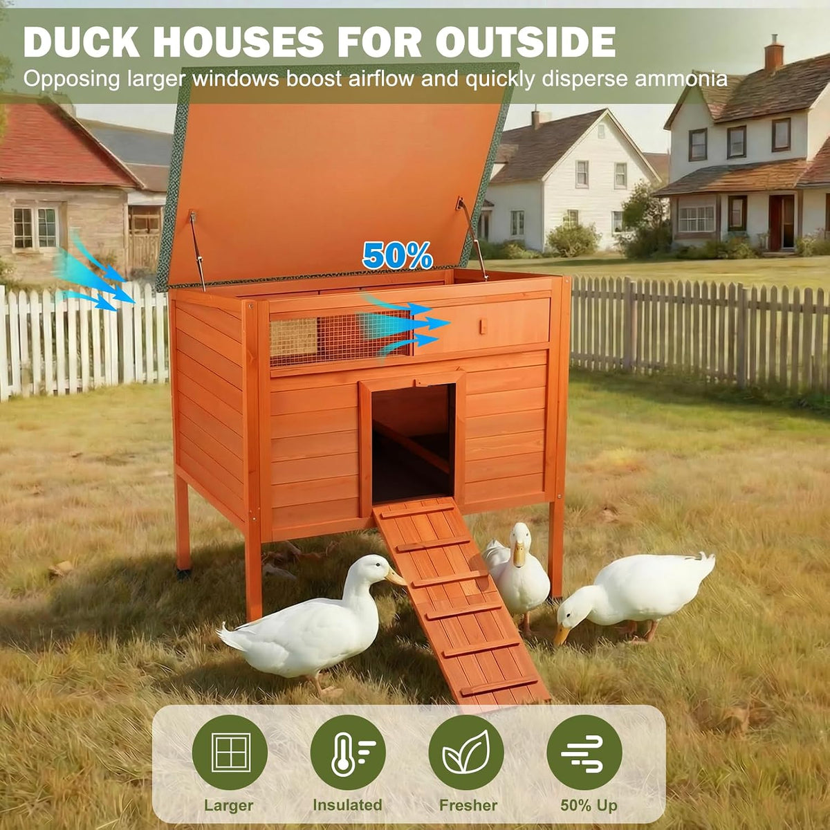 Insulated Duck Coop Warm Duck House for Outside with Larger Windows